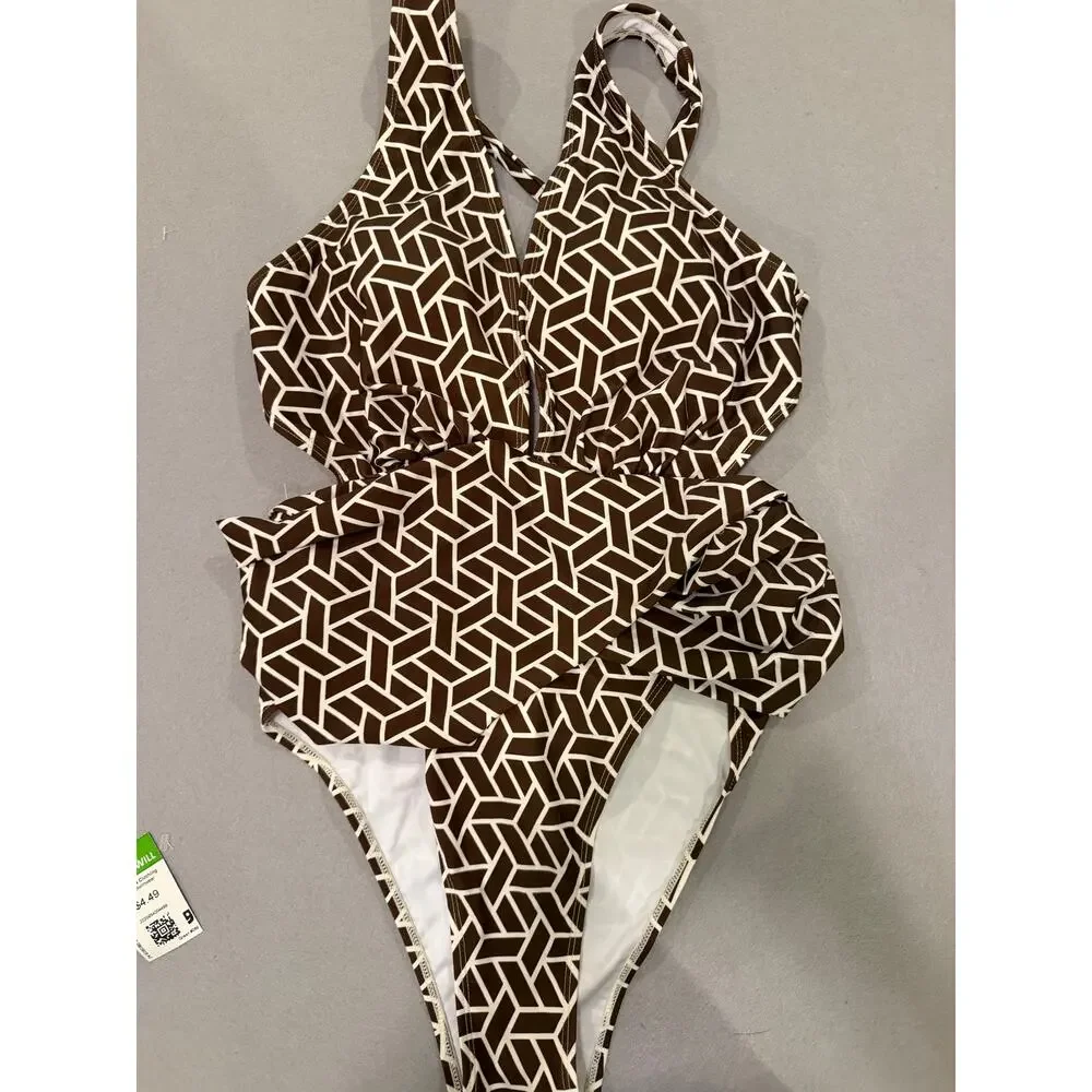 CUPSHE Brown White Geometric Plunge One Piece Swimsuit NWT Large